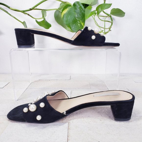 H&M Sandal Premium Black Suede Pearl Mules Slides 7 - Picture 9 of 11